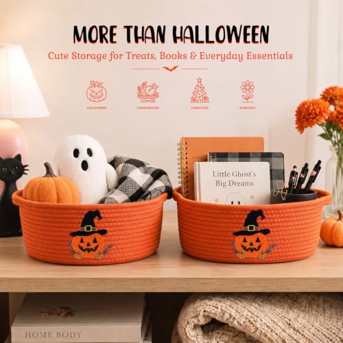 Halloween Pumpkin Basket Set - Woven Cotton Rope Storage Bins with Handle - Orange Witch Hat Design, 12x8x5 Inches - Variation of Pumpkin