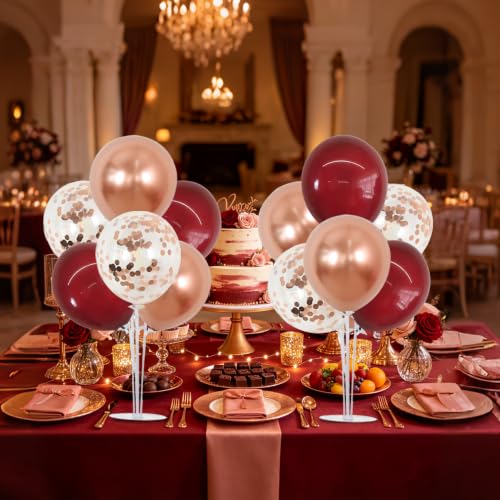 Burgundy Rose Gold Balloon Stand Centerpieces Set - 4 Reusable Table Decorations with Balloons