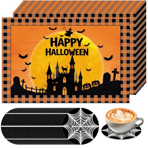 Happy Halloween Paper Placemats & Coasters Set - Ghost Bat Pumpkin Disposable Table Decor