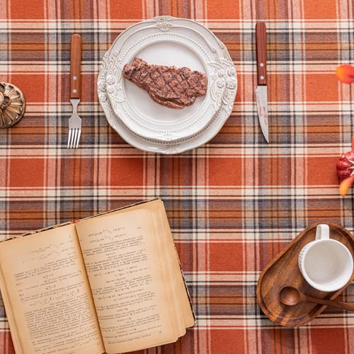 Plaid Fall Tablecloth Rectangle 60x120 Inch Rust - Premium Polyester Table Cover for Thanksgiving & Autumn