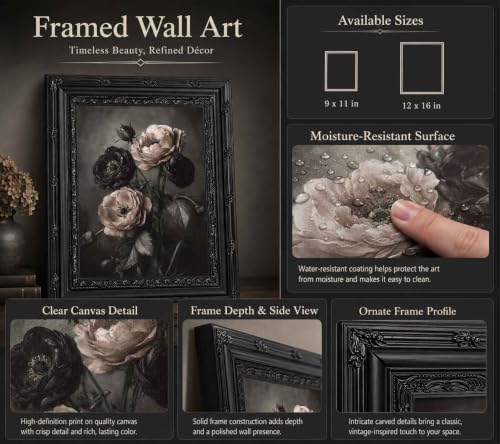 Dark Floral Canvas Wall Art - Vintage Gothic Botanical Painting, 16x12in - Black Frame