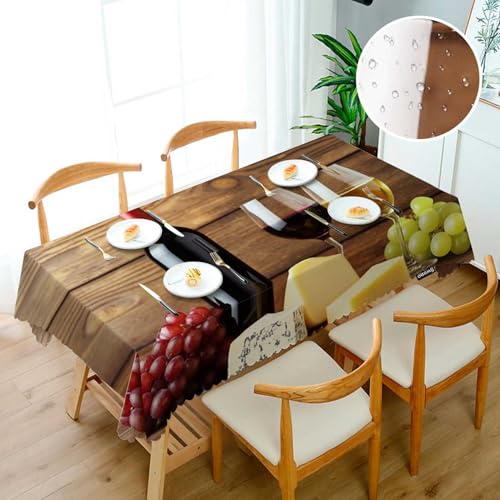 Wine and Cheese Tablecloth Rectangular 52x70 Inch - Red Wine Bottle & Grape Decor