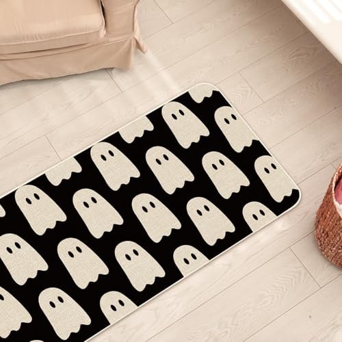 Halloween Ghost Kitchen Rugs Set of 2 Non-Slip Floor Mats - Spooky Black Boo Decor