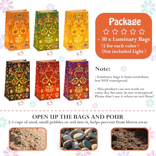 30 Pack Dia De Los Muertos Luminary Bags for Halloween & Fiesta Decor