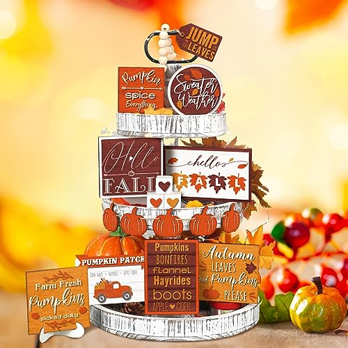 Farmhouse Fall Tiered Tray Decor Set - Rustic Pumpkin & Truck Signs, Simple Style