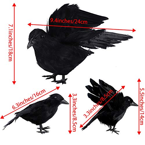 Realistic Feathered Black Crow Decorations Set for Halloween & Autumn