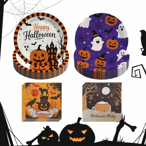 Halloween Paper Plates and Napkins Set for 40 Guests - Disposable Party Tableware