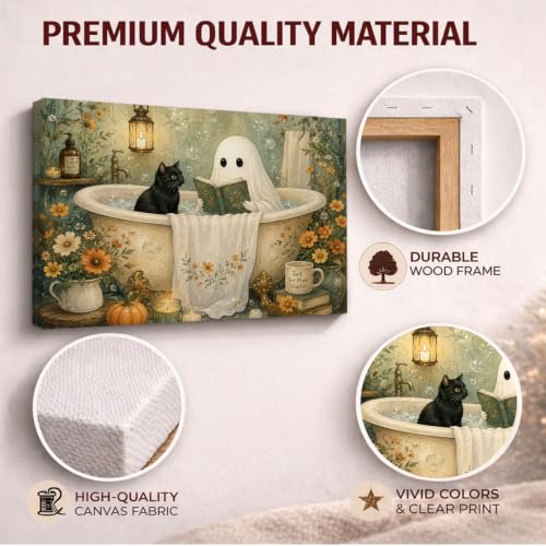 Halloween Bathroom Wall Art Decor H19 Spooky Ghost Black Cat Bathtub Canvas Wall Decoration