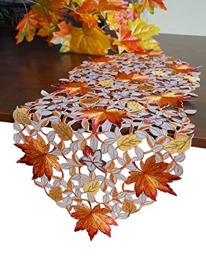 Fall Halloween Table Runner 13x34 Inches with Maple Leaves & Pumpkins - Autumn Dining Decor - Variation: Maple Leaves / 13x34