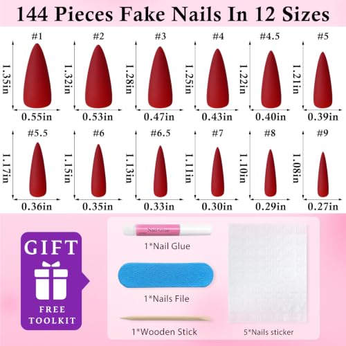 Red Long Stiletto Press On Nails Set with Glue & Tabs - Matte Finish, 144pcs, Easy DIY Manicure
