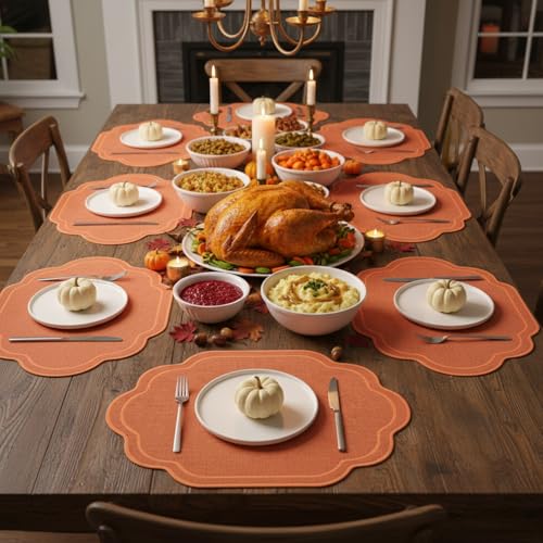Cotton Fall Thanksgiving Placemats Set of 6 - Elegant Orange Scalloped Table Mats