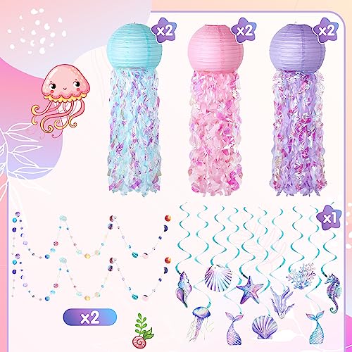 Mermaid Party Decorations Set with Jellyfish Paper Lanterns & Ocean Theme Swirls