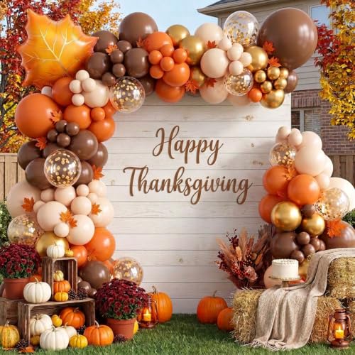 Fall Balloon Arch Kit with Maple Leaves - Orange & Brown Variations, Thanksgiving Party Decorations