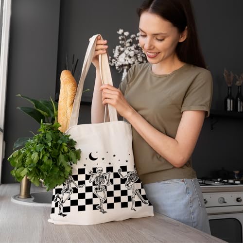 Reusable Grocery Shopping Bag with Dancing Skeletons Halloween Design - Goth Tote