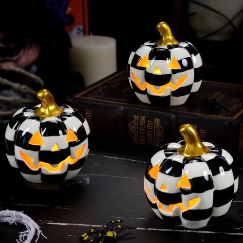 3 Pack Ceramic Pumpkin Lanterns with Tea Lights - Halloween Decor Set - Variation of 3
