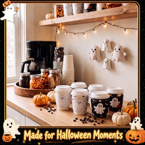 Halloween Ghost Coffee Cups Set - 48 Disposable 8 oz Cups with Lids & Sleeves - Black & White Variation