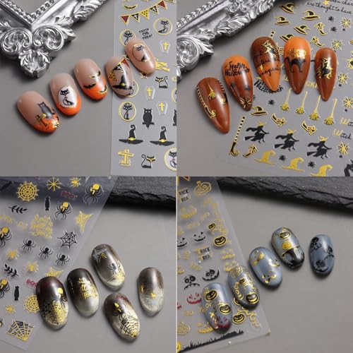 Halloween Nail Stickers Spider Web Gold Deco Fall Style 4 - Self-Adhesive Manicure Supplies