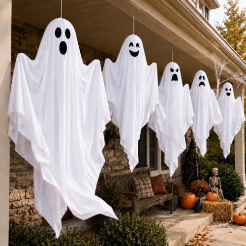Halloween LED Hanging Ghost Decorations with Timer - Outdoor 27.5 Inch Set of 5