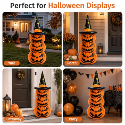 Inflatable Halloween Pumpkin Decoration - 67 Inch Jack O Lantern Yard Display with Witch Hat