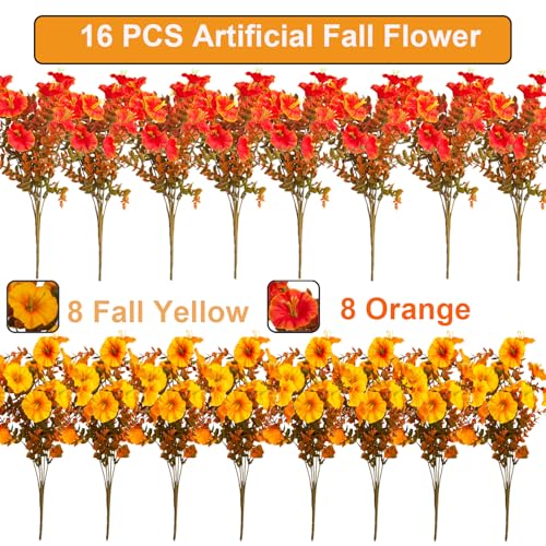 Fall Mix Artificial Outdoor Fall Flowers - UV-Resistant Autumn Porch Decor 16 PCS