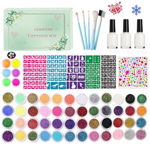 Kids Glitter Tattoo Kit with 48 Colors, Stencils, Diamonds & Glue