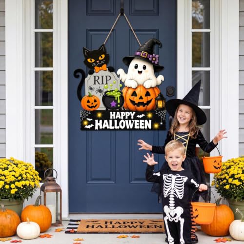 Halloween Welcome Wreath - Wooden Black Cat Ghost Pumpkin Door Decor - 12x12 Inches - Variation: Halloween