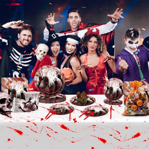 Bloody Halloween Party Dinnerware Set for 24 Guests - Zombie Horror Plates & Napkins