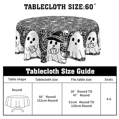 Halloween Round Tablecloth 60 Inch Ghost Spider Web Design - Reusable & Washable