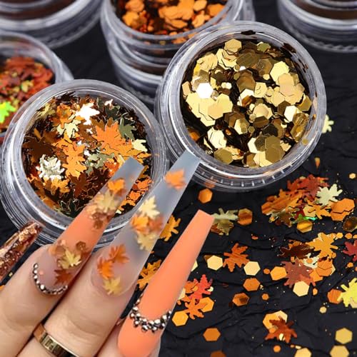6Grids Fall Nail Glitters 3D Gold Maple Leaf Nail Sequins with Glitter Powder - Design 6