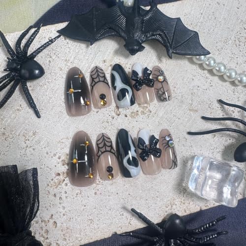Colorful Ghost Spider Web Press On Nails with 3D Bow & Diamond - Halloween Fake Nails
