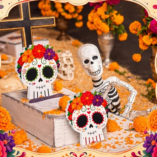 Day of The Dead Sugar Skull Table Decorations with Flower - 2 Pcs Mexican Festive Decor