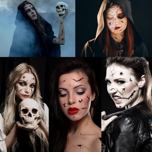 Halloween Face Tattoo Stickers Black Horror Crack Marks Waterproof Body Art 10 Sheets