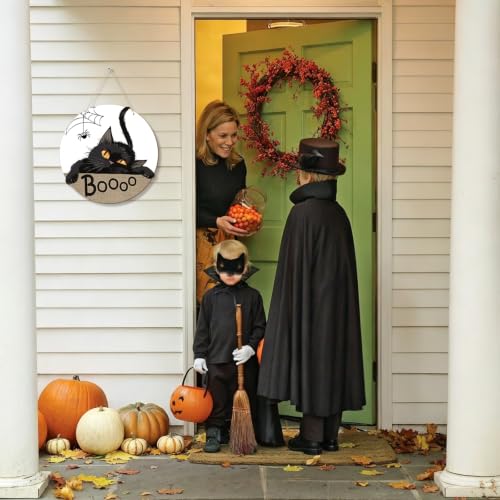 Halloween Black Cat Door Sign Decorations - Spooky Welcome Wreath for Front Door & Wall