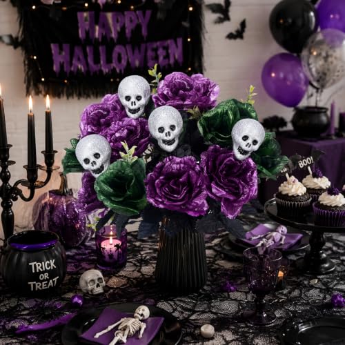 Purple Halloween Flower Bouquet - 18in Artificial Peony & Rose with Skull, 2 Pcs