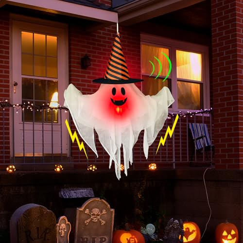 Halloween Ghost Animatronic Hanging Decoration with Sound & Lights - Creepy Ghost with Witch Hat - 20x27 Inch - Battery Operated - Spooky Outdoor Halloween Decor - Variation: Halloween Ghost