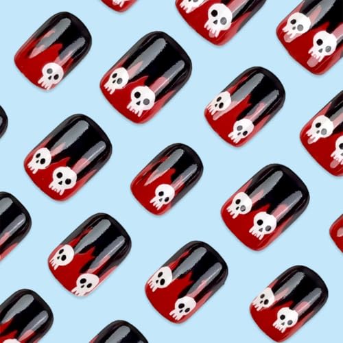 Halloween Press-On Nails Short Square Fake Nails with Skull Design - Style-37