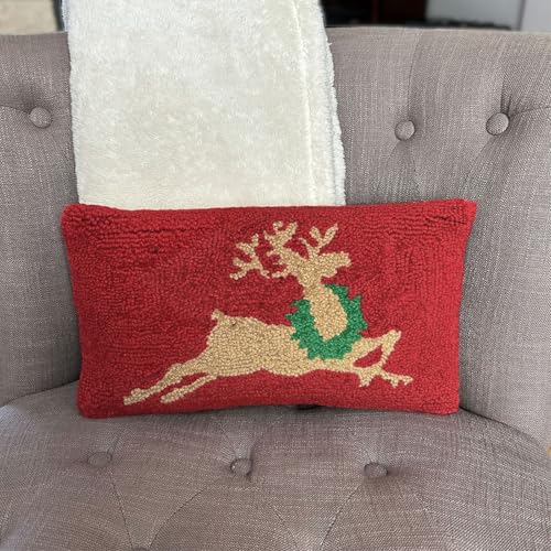 Reindeer Hand Hooked Christmas Pillow 9x16 Inches for Couch or Dorm - Holiday Decor