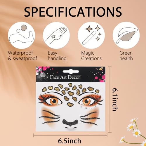 Leopard Face Stickers Halloween Face Tattoo with Rhinestones - Variation 01