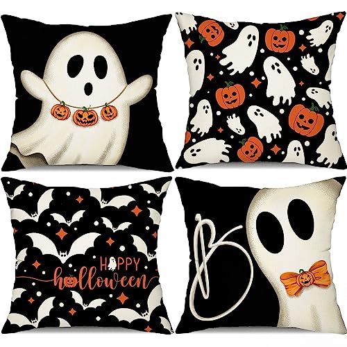 Halloween Pillow Covers Set of 4 20x20 Inch Ghost Pumpkins Bat Decor for Home Sofa