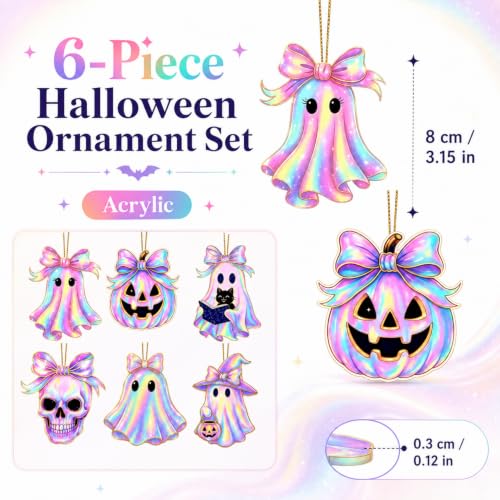 Halloween Hanging Ornaments Set - Pink Ghost Pumpkin Skull Glitter Bow Decorations - Style 6