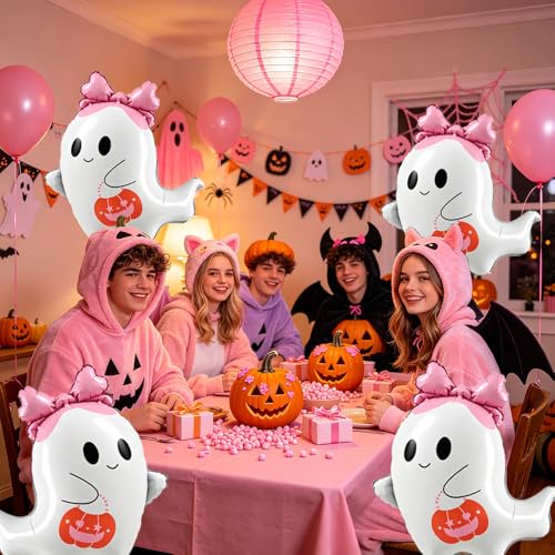 Pink Ghost Balloons Kit with Bow for Halloween Party Decorations - Set of 5