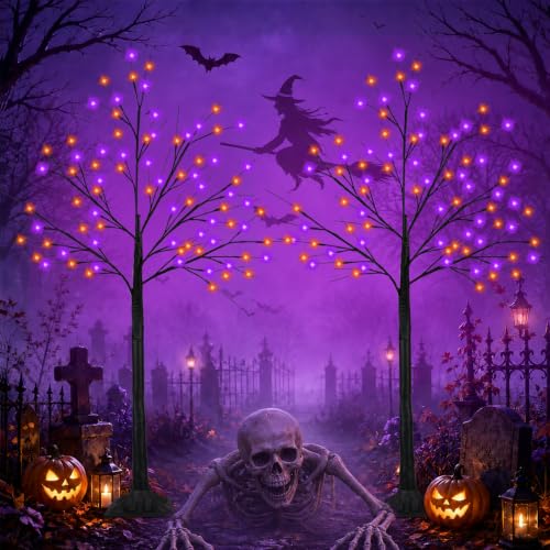 2-Pack 5FT Halloween Black Tree with Purple & Orange LED Lights - DIY & Weatherproof