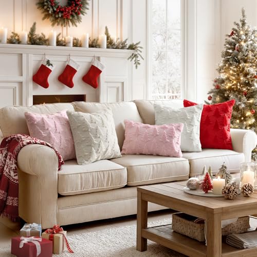 22x22 Holiday Christmas Throw Pillow Covers Set of 2 - Red Tree Design Soft Plush Faux Wool Winter Home Decor