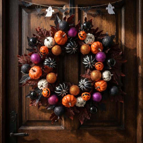 Halloween Ball Wreath for Front Door - 24 Inch Pumpkin Fall Door Decor - Black Variation