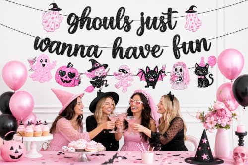Ghouls Just Wanna Have Fun Halloween Banner - Pink & Black Spooky Party Decoration - Variation of Ghouls