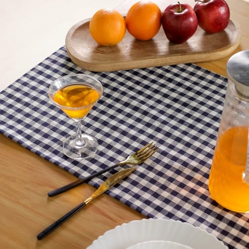 Halloween Check Plaid Table Runner - Linen Blend, 14x108 Inch, Blue and White - The Art Box