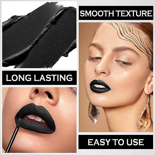 Black Matte Lipstick & Lip Liner Set - Bold, Long-Lasting Waterproof Lip Makeup - Variation: Black