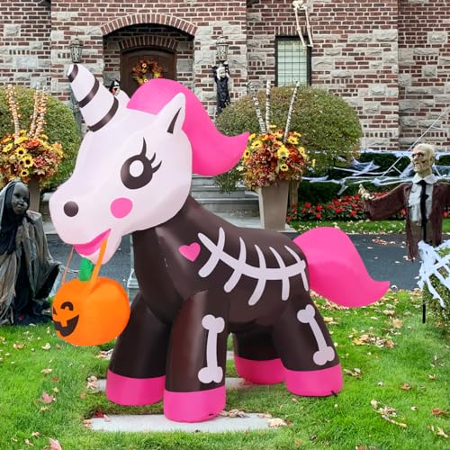 5FT Halloween Inflatable Skeleton Unicorn with LED Lights Outdoor Yard Decor