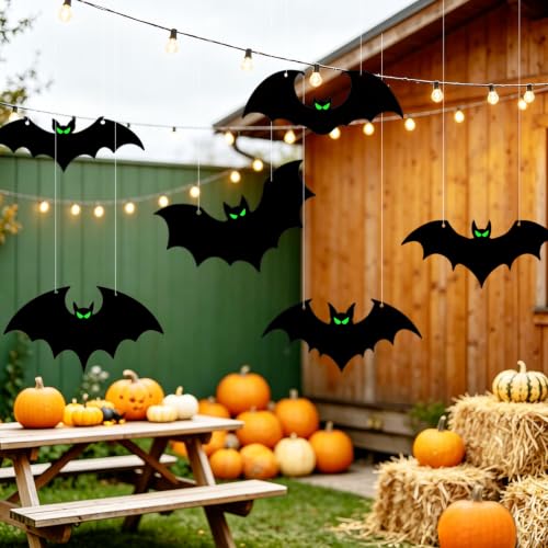 Black Halloween Hanging Bat Decorations - 12 Pcs Realistic Flying Bats with Glowing Eyes