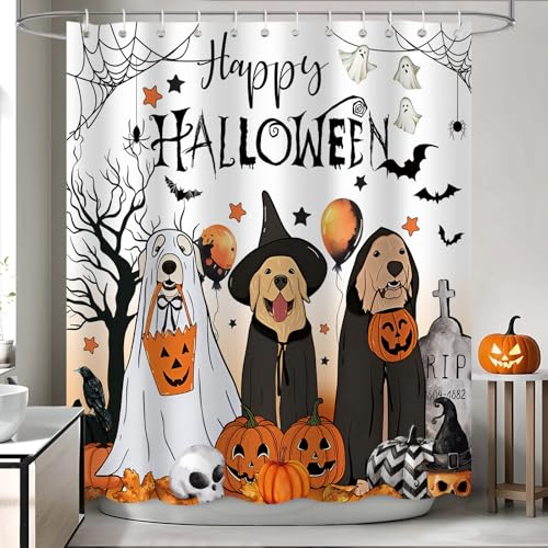 Halloween Shower Curtain for Bathroom - Funny Dog Ghost Pumpkin Bat Theme, Waterproof Fabric, 72x72 Inches, White Variation